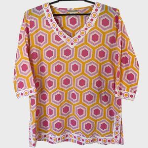 Ecoaccents Geometric V-Neck Tunic Pink/Orange Women's XL 3/4 Sleeve Printed Top